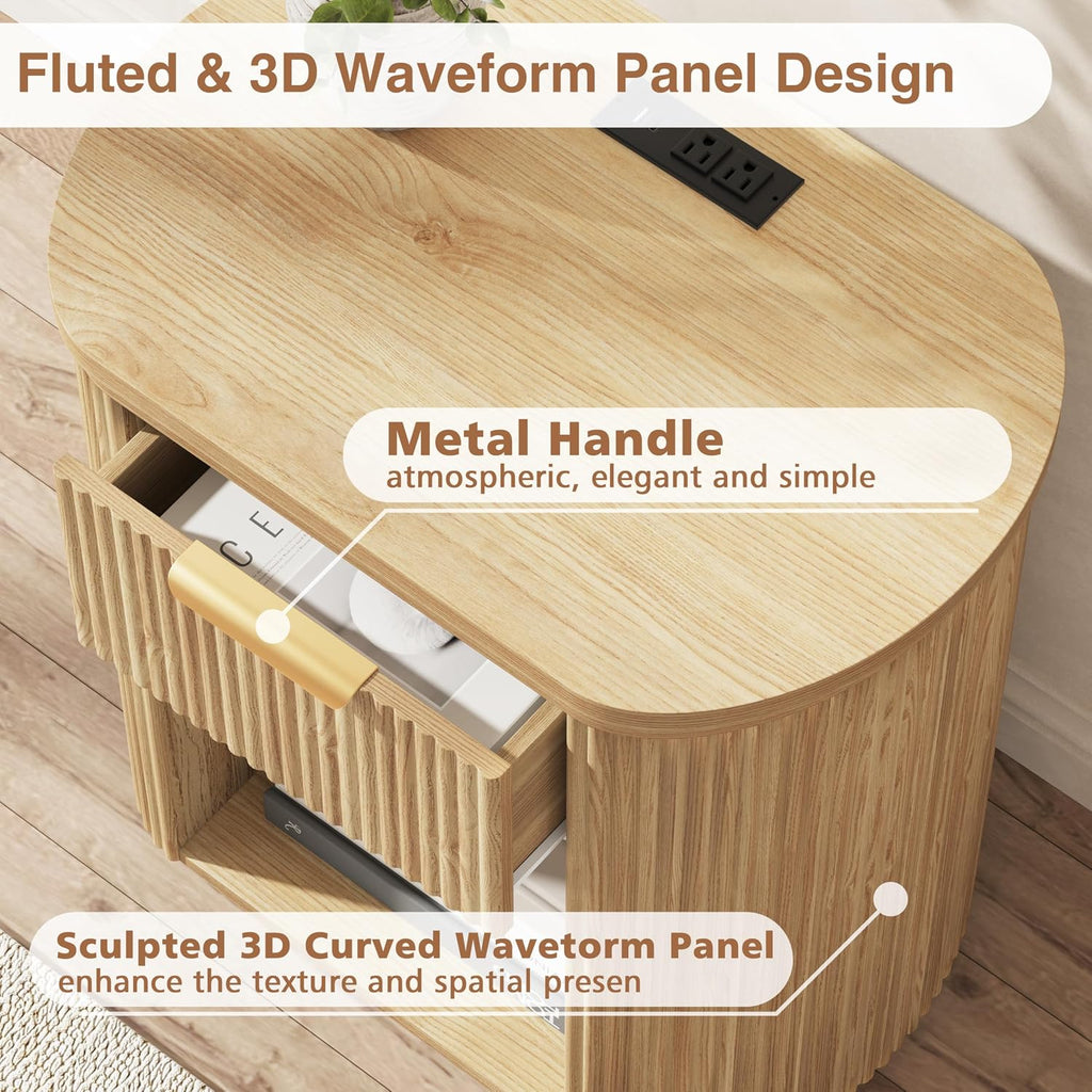 Fluted Nightstand with Charging Station 23.6" Large Round Bedside Table Oak