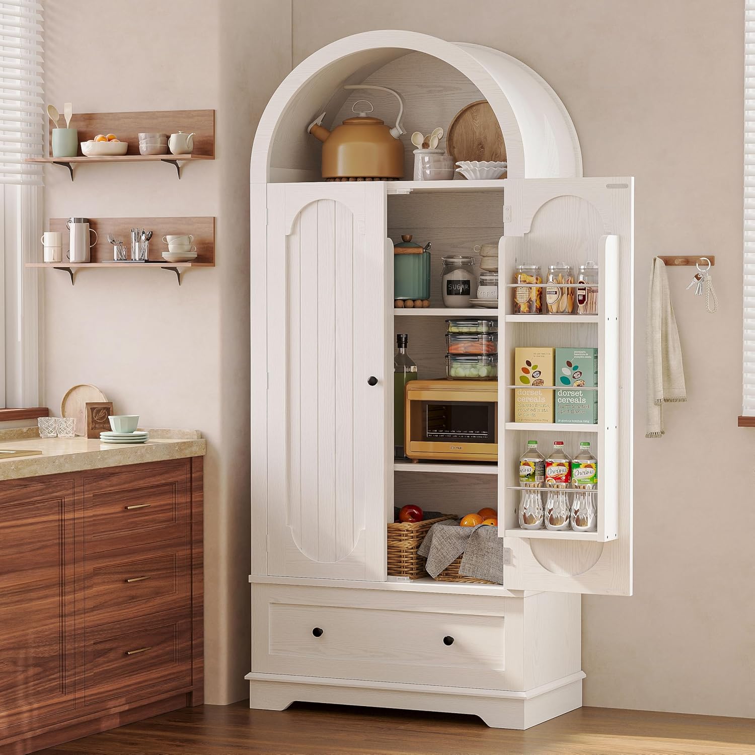 IRONCK 70.9 in Kitchen Pantry with Large Drawer Adjustable Shelves | kitchen pantry; 2 doors; large drawer; adjustable shelves; arched open shelving