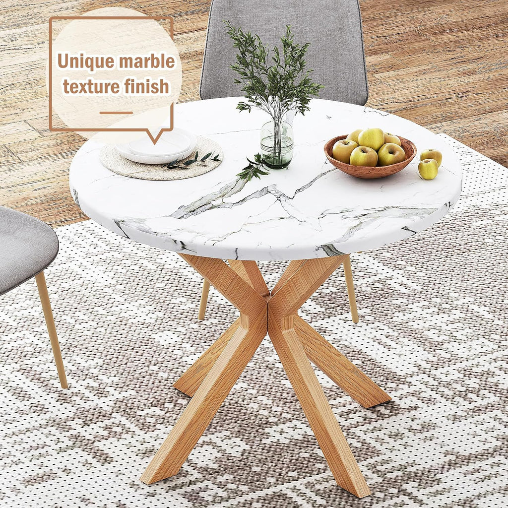 DlandHome Round Dining Table for 4, 39.4 Inches Kitchen Table with X Shaped Wooden Pedestal Base, Circle Dinner Tables for Dining Room, Kitchen, Living Room(Table Only), Marble & Oak Color