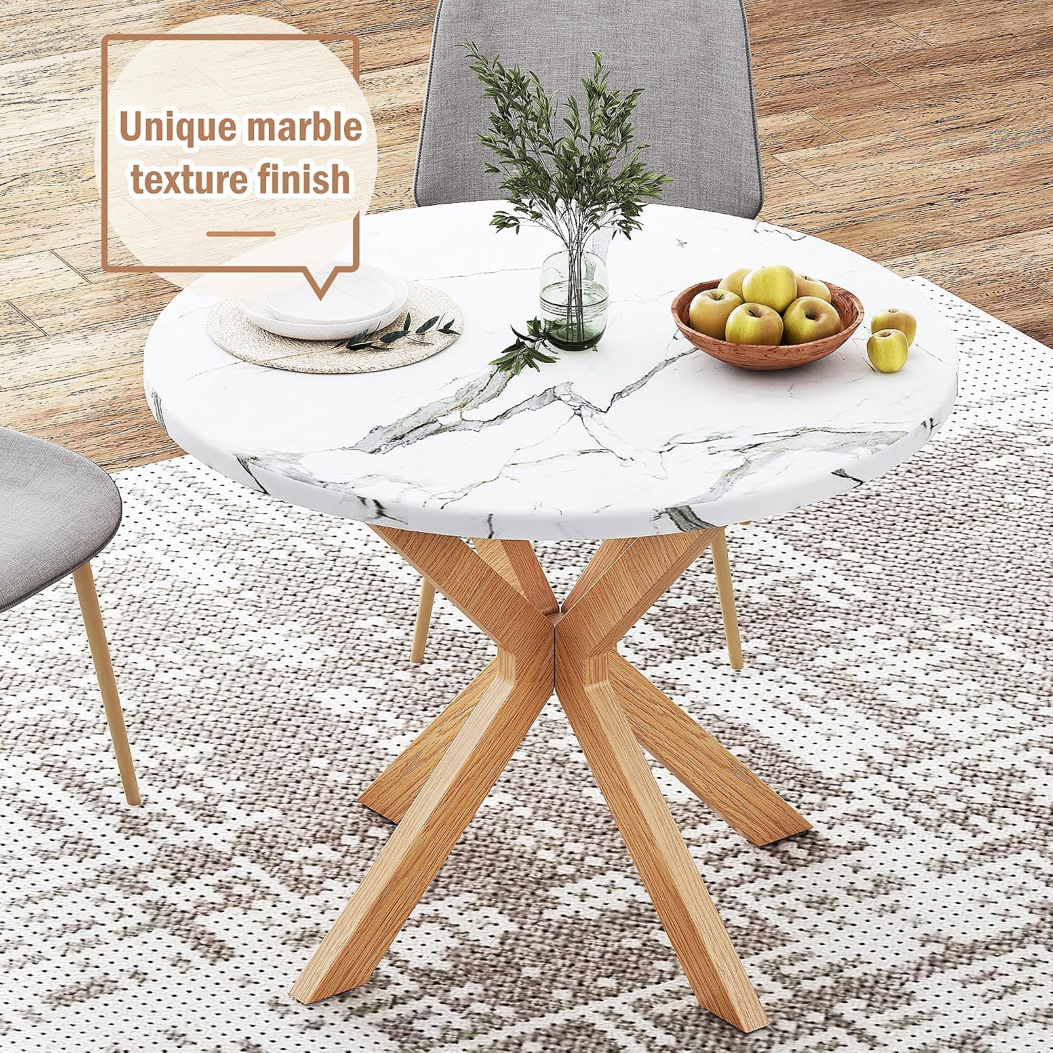 DlandHome Round Dining Table for 4, 39.4 Inches Kitchen Table with X Shaped Wooden Pedestal Base, Circle Dinner Tables for Dining Room, Kitchen, Living Room(Table Only), Marble & Oak Color