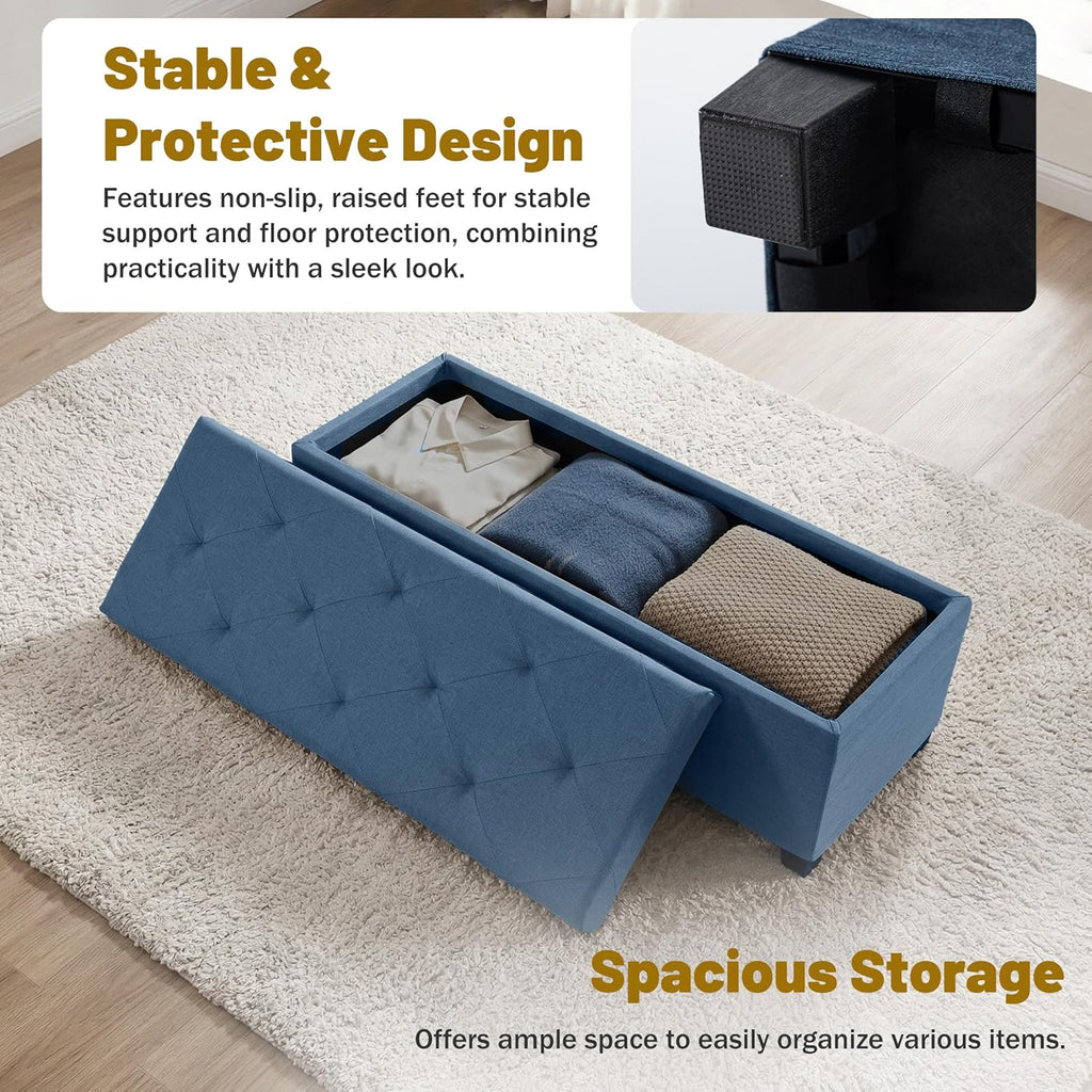 DUMOS Storage Ottoman Bench, 43.3 Inch End of Bed Bench for Living Room | 27 Gallon Steel Frame Linen-Look Fabric Chest, Removable Cover, 250lb Capacity, Bedroom Entryway, Blue