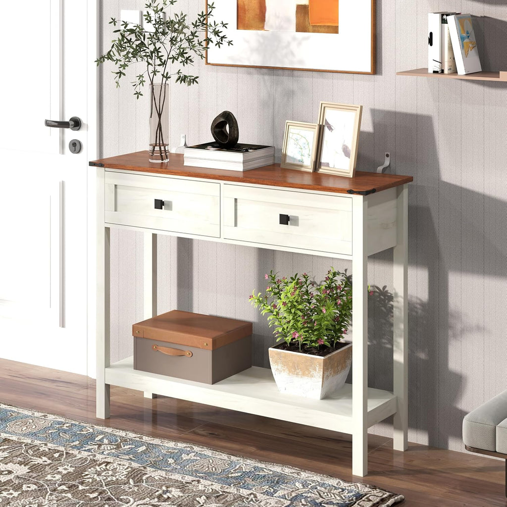 Knocbel Small Console Table with 2 Drawers with Metal Handles, Farmhouse Side Tables with Brown Woodgrain Top and Bottom Shelf for Entryway Living Room, 39.37" W x 11.61" D x 32.08" H, Antique White