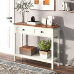 Knocbel Small Console Table with 2 Drawers with Metal Handles, Farmhouse Side Tables with Brown Woodgrain Top and Bottom Shelf for Entryway Living Room, 39.37" W x 11.61" D x 32.08" H, Antique White