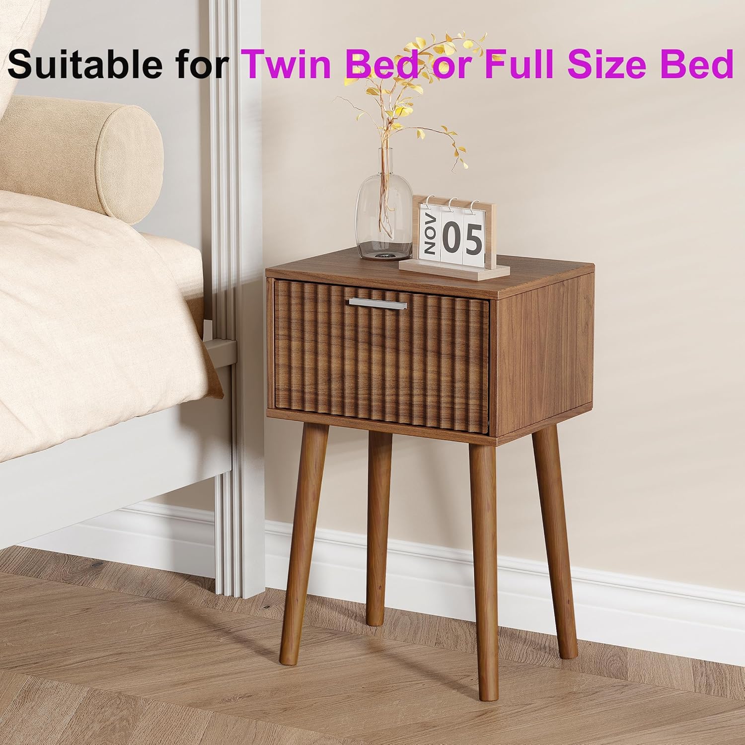 LAATOOREE Nightstands Set of 2, Small Fluted Side Table, Bedside Table with Solid Wood Feet; Modern Mid-Century End Table for Bedroom, Small Space