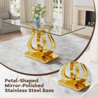 69" Glass Dining Table for 4-6, Luxury Rectangular Kitchen Table with Tempered Glass and Gold Petal-Shaped Base for Dining Room, Living Room
