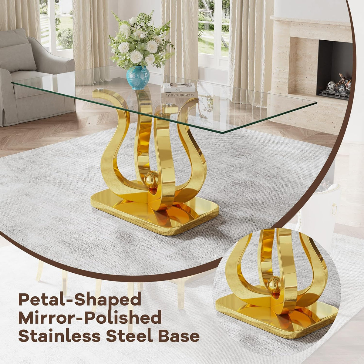69" Glass Dining Table for 4-6, Luxury Rectangular Kitchen Table with Tempered Glass and Gold Petal-Shaped Base for Dining Room, Living Room