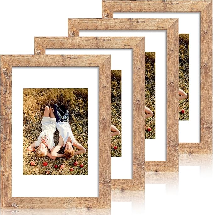 8x12 Picture Frame Set of 4 with High Definition Real Glass, Display 6x8 Pictures with Mat or 8 x 12 Without Mat, Rustic Brown Wood Photo Frames for Tabletop and Wall Mounting