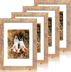 8x12 Picture Frame Set of 4 with High Definition Real Glass, Display 6x8 Pictures with Mat or 8 x 12 Without Mat, Rustic Brown Wood Photo Frames for Tabletop and Wall Mounting