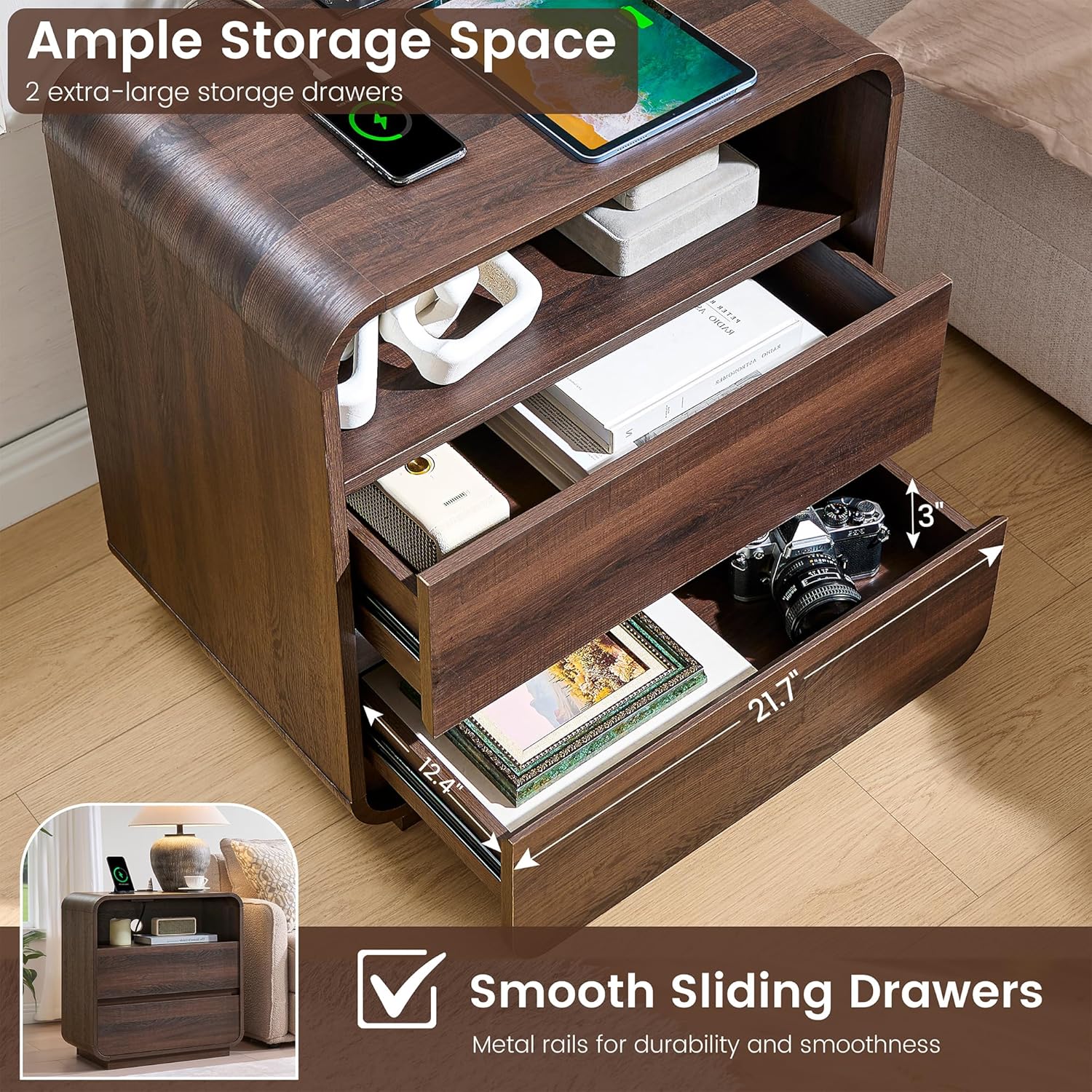 Standifurno Modern Walnut Nightstand, 25" Tall Wooden Bedside Table with Charging Station, 2 Storage Drawers Side Table Curved Profile, Handleless, Large End Table Night Stand for Bedroom, Office