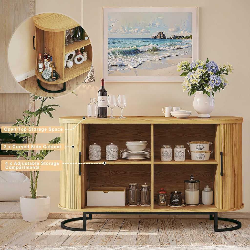 HUAHUU Sideboard Buffet Cabinet with Storage, 47" Fluted Tambour, Adjustable Shelves, Mid Century Modern Console for Living Room Kitchen Wood