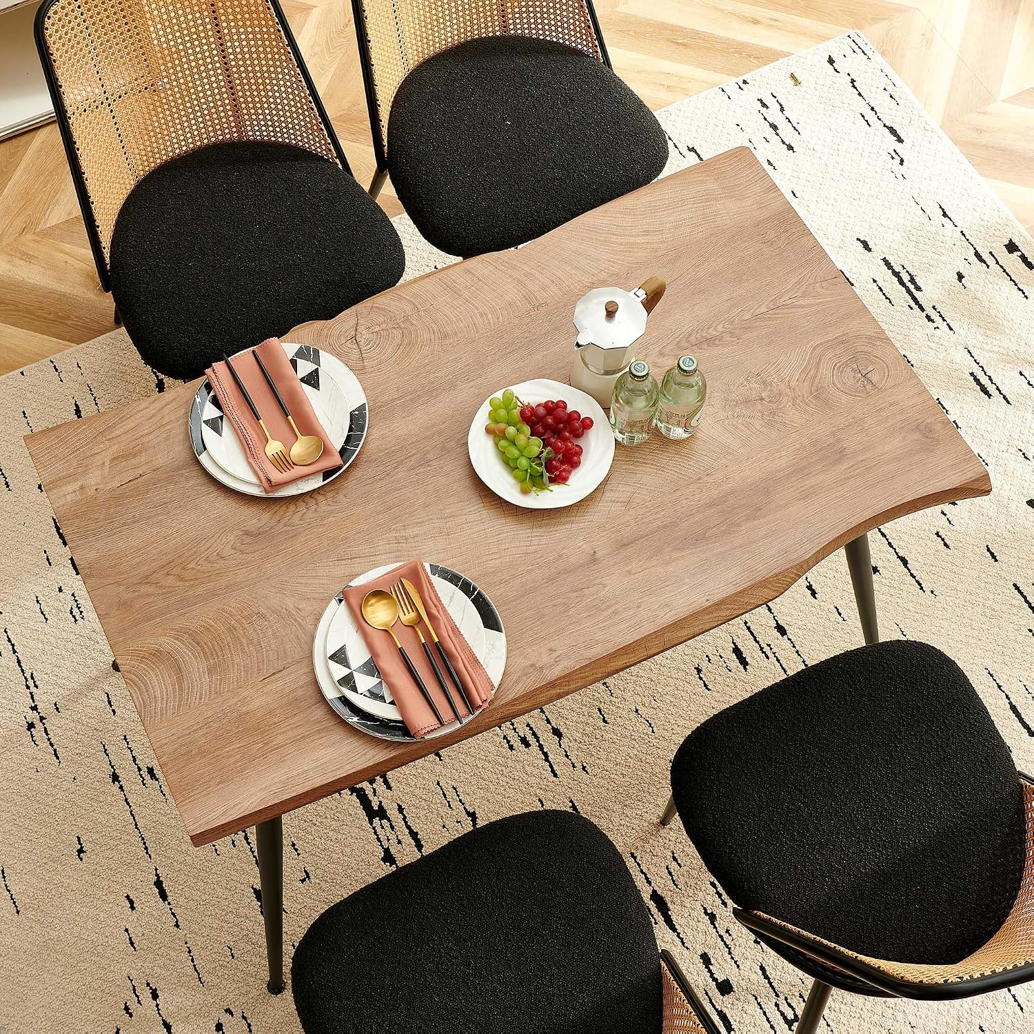 Modern 47 Inch Dining Table, Irregular Rectangle Kitchen Table for 4-6 People, Home Kitchen Table with Engineered Wood Tabletop and Metal Legs for Dining Room, Living Room