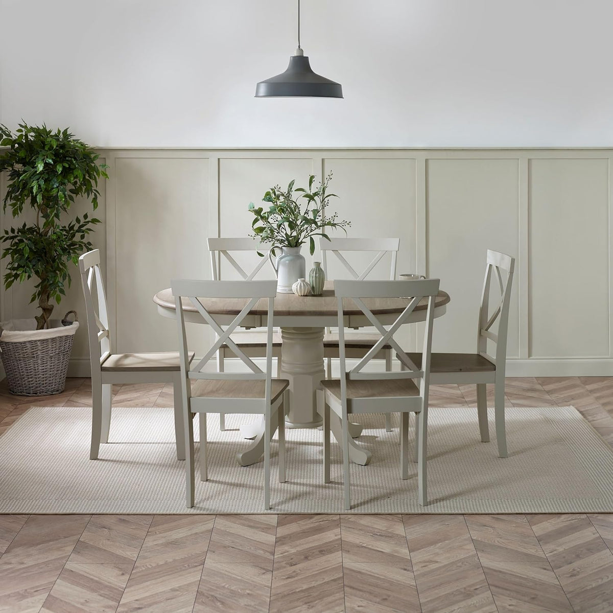 Furniturebox Padstow Round Light Grey Extendable Dining Table with 6 Millford Cross Back Chairs – Solid Wood Farmhouse Kitchen Set – Seats 4–6 – Limewash Finish