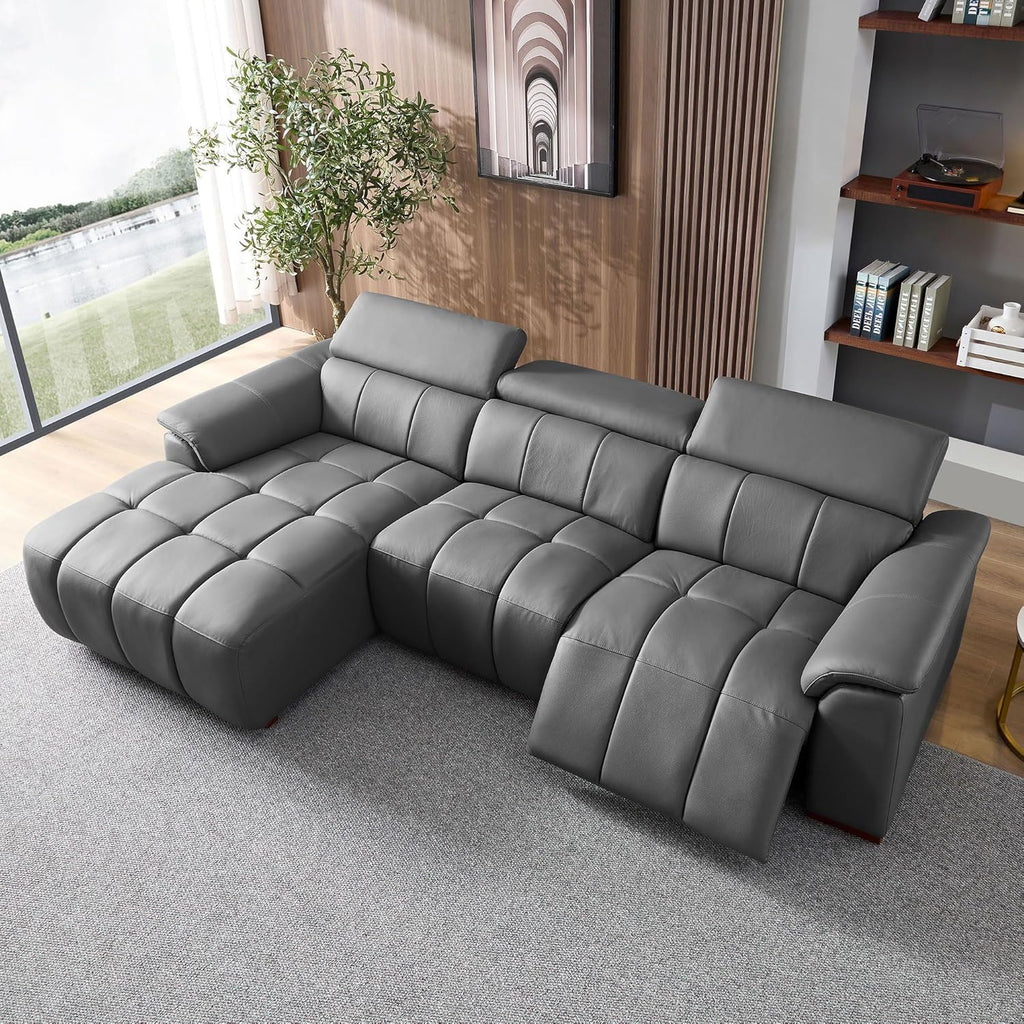 KEIKI 113" L-Shaped Genuine Leather Wall-Hugger Reclining Sofa with Left Chaise, Adjustable Backrest & Footrest, Modern Electric Control 3-Seater Couch with USB, for Living Room, Dark Grey