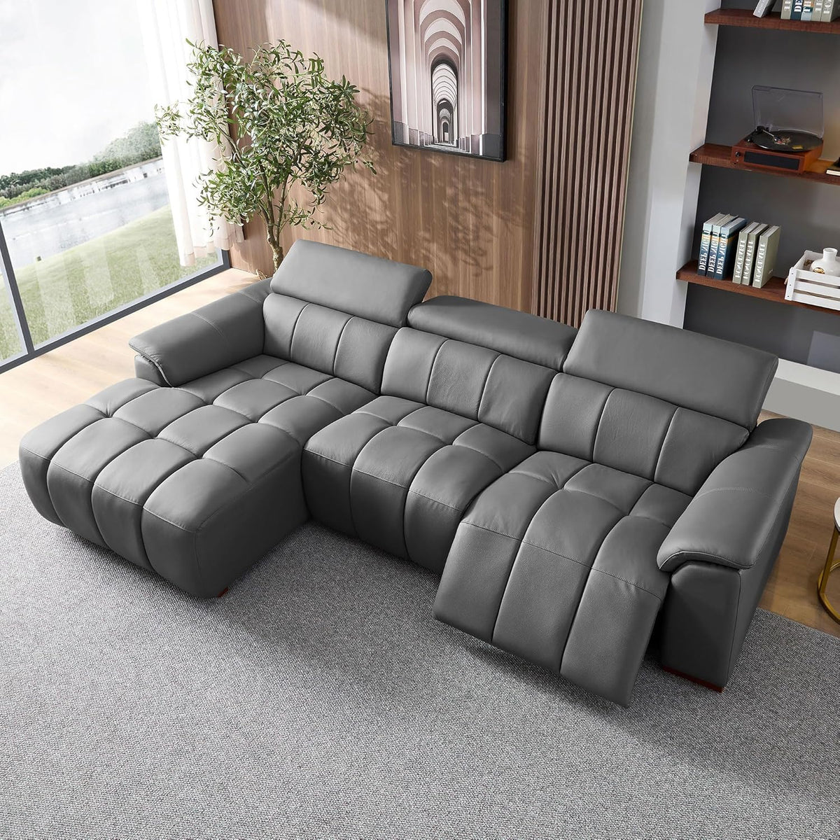 KEIKI 113" L-Shaped Genuine Leather Wall-Hugger Reclining Sofa with Left Chaise, Adjustable Backrest & Footrest, Modern Electric Control 3-Seater Couch with USB, for Living Room, Dark Grey