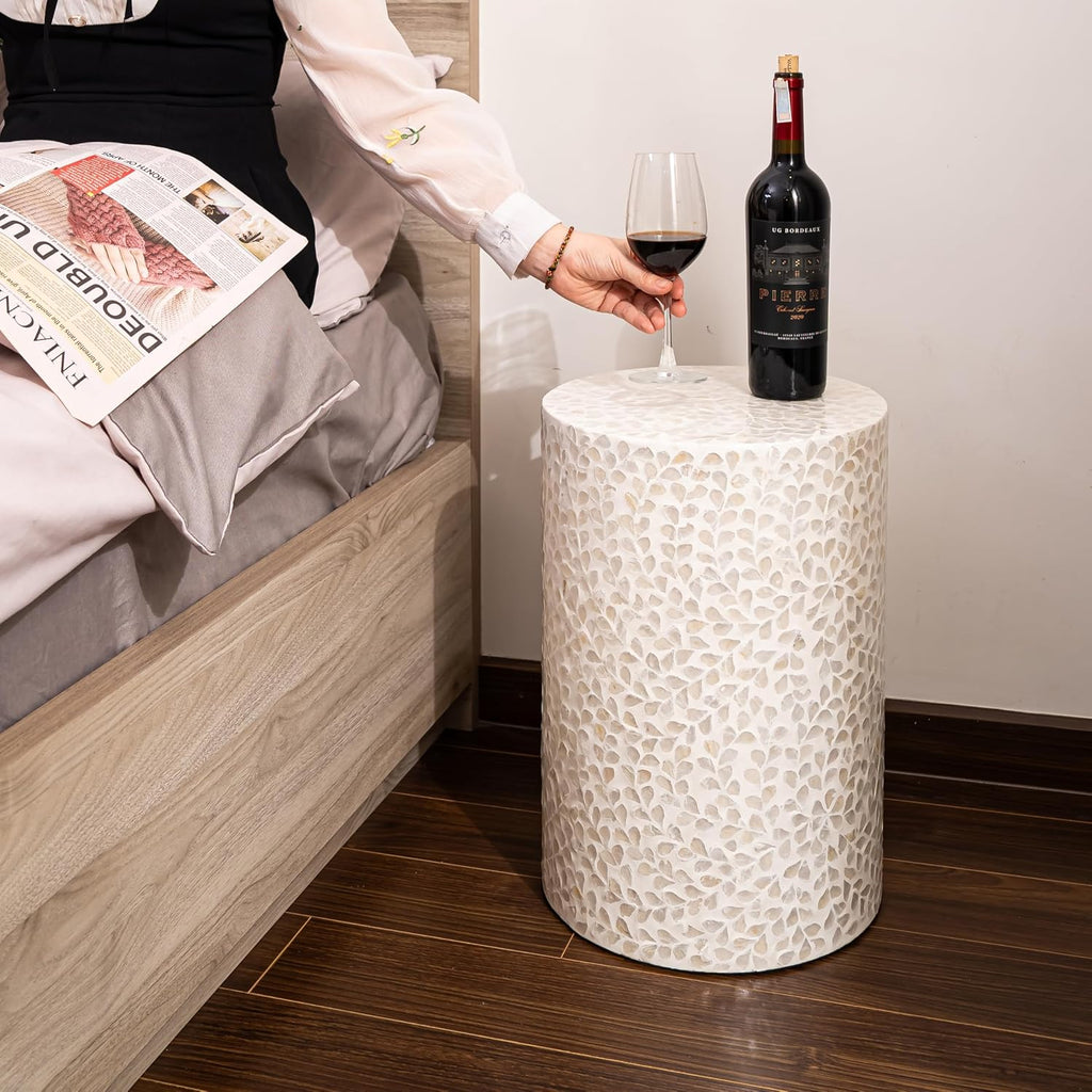 PEMAR Capiz Shell Cylinder Drum End Table Nacre Side Table Stool Accent Coffee Bedside Round Nightstand and Vanity Stool White Cream Floral Vine Pattern 13" Diameter x 19.3" High
