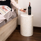 PEMAR Capiz Shell Cylinder Drum End Table Nacre Side Table Stool Accent Coffee Bedside Round Nightstand and Vanity Stool White Cream Floral Vine Pattern 13" Diameter x 19.3" High