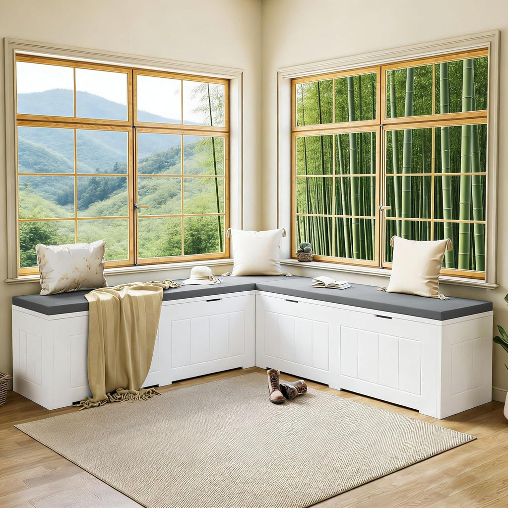 L Shaped Corner Storage Bench with Cushion, Breakfast Nook Bench, Kitchen Banquette Dining Seating with Hidden Storage, Flip-Top Shoe Storage Benches for Entryway Cloakroom