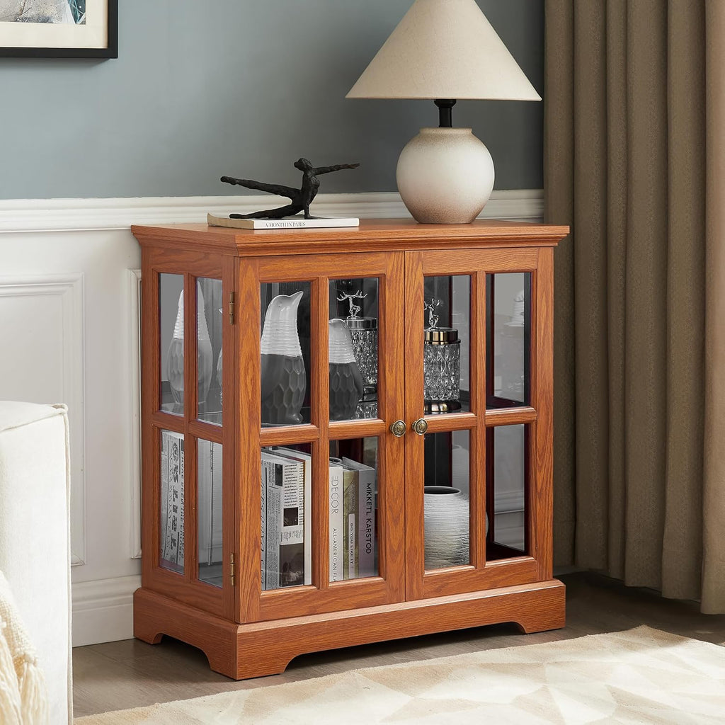 KEIKI Lighted Curio Display Cabinet with Adjustable Glass Shelves, Retro Storage Cabinet with Tempered Glass Doors, Elegant Showcase for Home Décor, Dark Oak