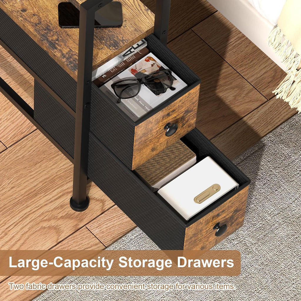 Small Narrow Side Table with Drawers, Skinny End Table for Small Spaces, Slim Nightstand with Storage, sofa bedside Table in Living Room, Bedroom, Study, kitchen and Balcony (Rustic Brown)M-LBZ83B1V1