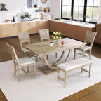 LUMISOL 6 Piece Dining Table Set for 6, Farmhouse Kitchen Dining Room Table Set with Recantgle Table and Upholstered Bench and Chairs, Light Natural