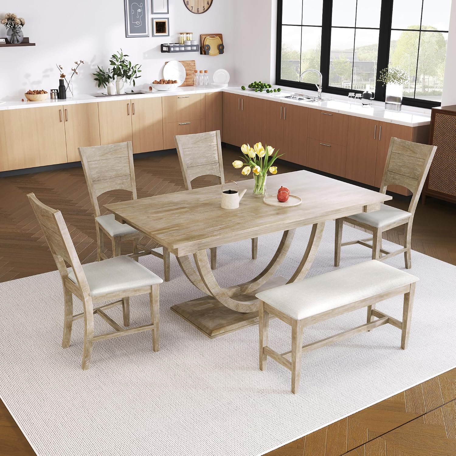 LUMISOL 6 Piece Dining Table Set for 6, Farmhouse Kitchen Dining Room Table Set with Recantgle Table and Upholstered Bench and Chairs, Light Natural