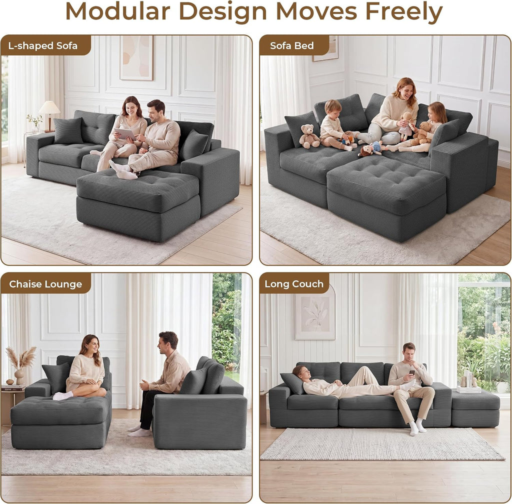 100" L Shaped Cloud Couch with Ottoman, Couches for Living Room | Modular Sectional Sofa, Upholstered Cloud Sofa with Layered Cushion, Dark Grey Sectional Couch, No Assembly
