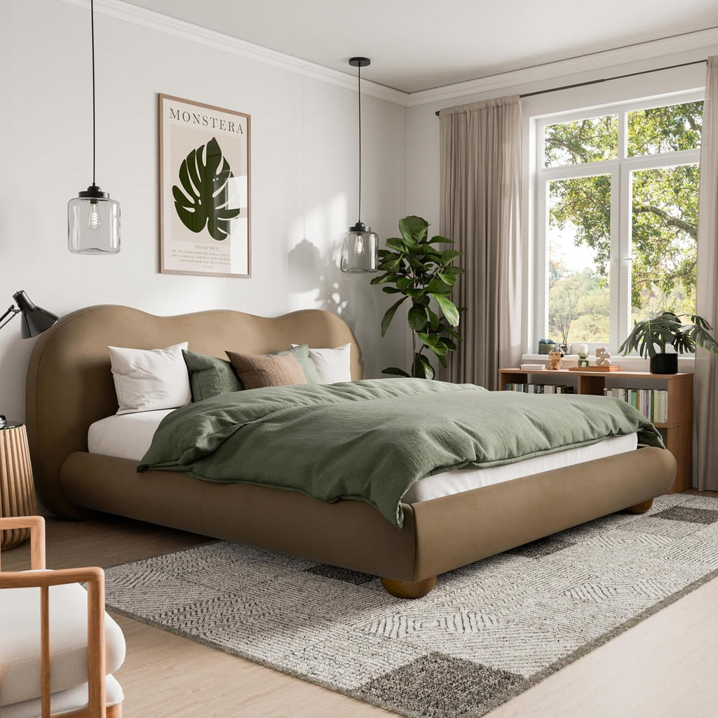 Furniture of America Lunaria Modern Velvet King Platform Bed with Camelback Headboard and Round Bun Wood Feet, Upholstered Bedframe for Bedroom, Guest Room, No Box Spring Needed, Brown
