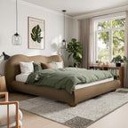Furniture of America Lunaria Modern Velvet King Platform Bed with Camelback Headboard and Round Bun Wood Feet, Upholstered Bedframe for Bedroom, Guest Room, No Box Spring Needed, Brown