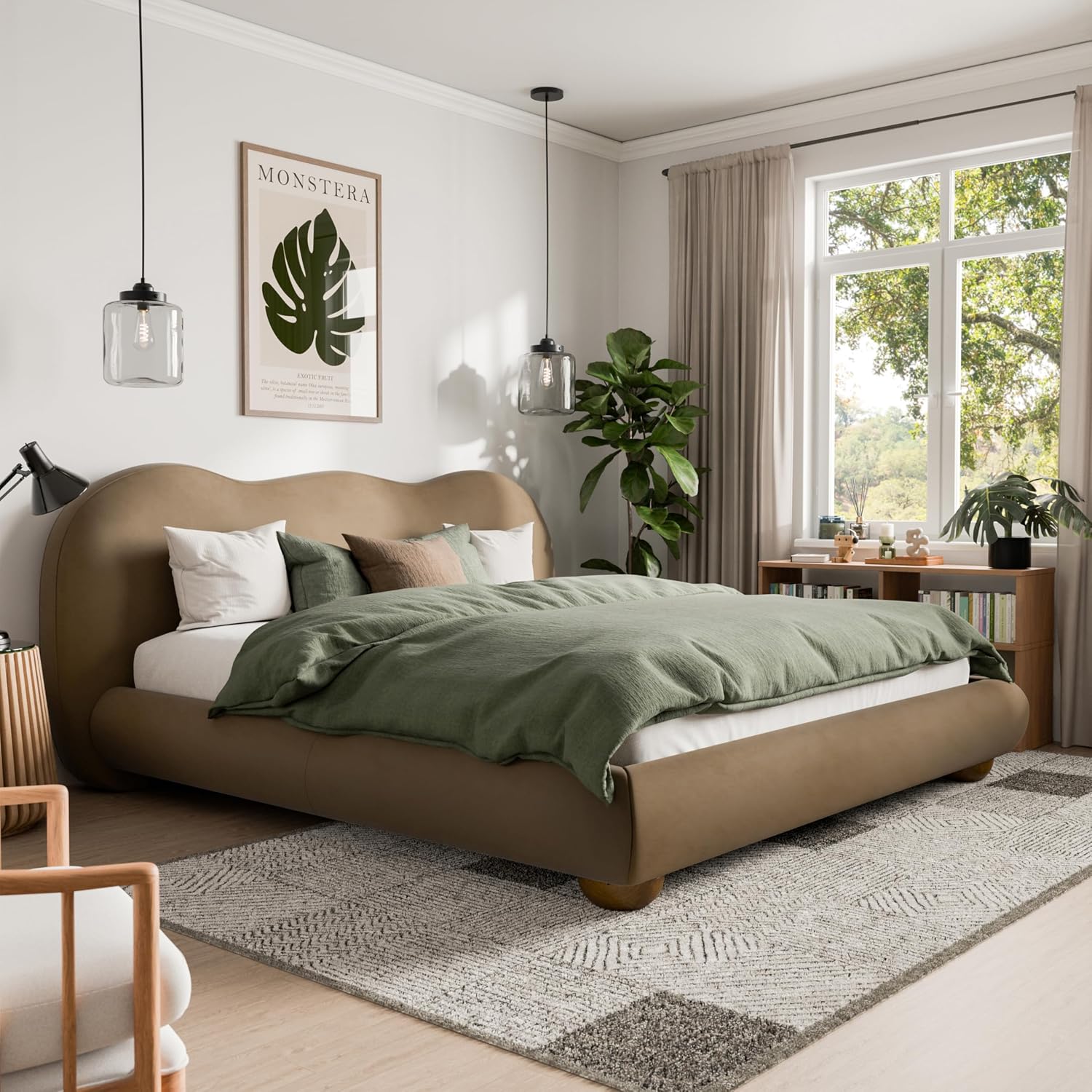 Furniture of America Lunaria Modern Velvet King Platform Bed with Camelback Headboard and Round Bun Wood Feet, Upholstered Bedframe for Bedroom, Guest Room, No Box Spring Needed, Brown