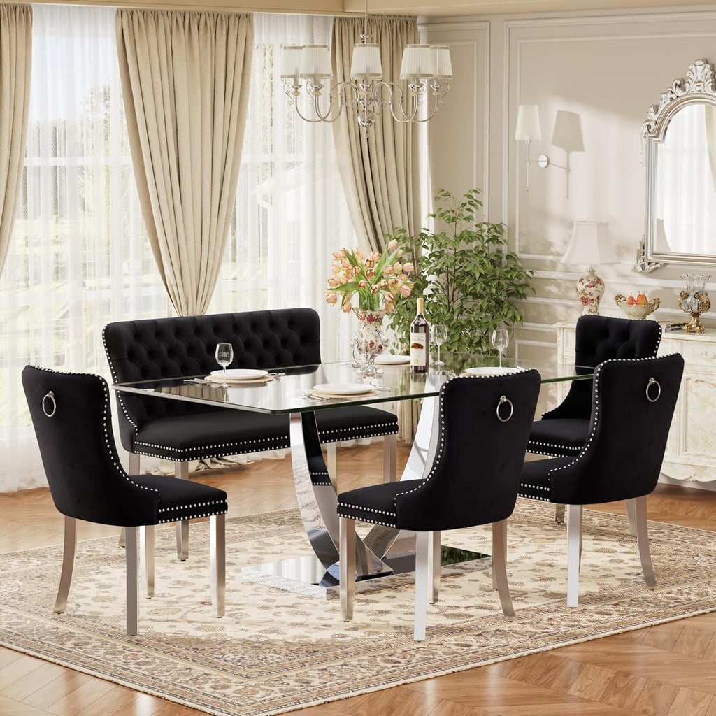Mid Century Modern Glass Dining Table Set for 6 with Bench, 63'' Large Luxury Clear Rectangular Glass Top Dinner Room Set, 6 PCS Retro Furniture Kitchen Set, Black High-end Tufted Chairs