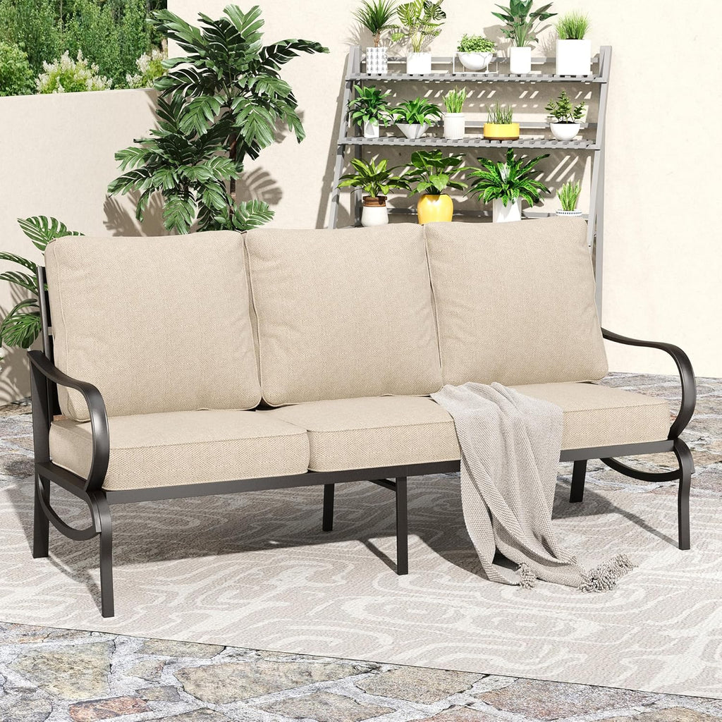 PHI VILLA Metal Patio Sofa with 5.75" Extra-Thick Waterproof Cushion, 3 Seater Deep Seat & High Back Outdoor Couch, All Weather Porch Furniture for Deck Backyard Front Porch Apartment,Beige