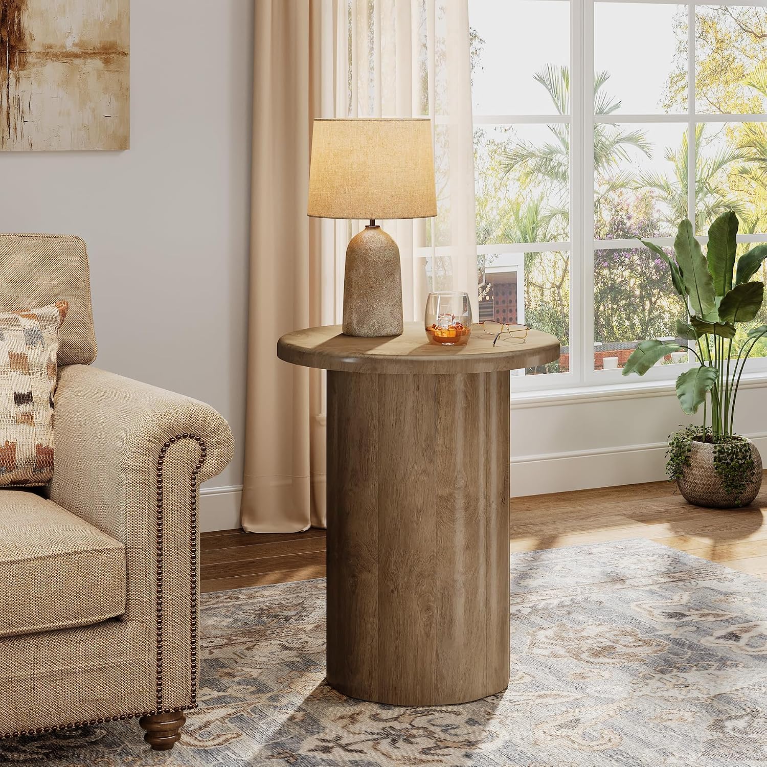 Tribesigns Round Side Table for Living Room, Farmhouse Small End Table with Fluted Base, 20-Inch Rustic Brown Nightstand, Accent Furniture for Small Space Bedroom Apartment