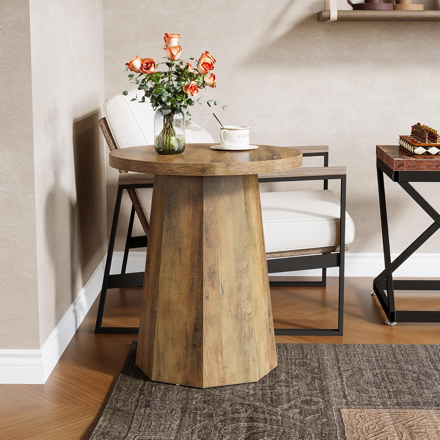 Tribesigns Farmhouse Round End Table, Wooden Couch Side Table with Octagonal Base, Rustic Brown Nightstand Pedestal Accent Furniture for Living Room, Bedroom (1)
