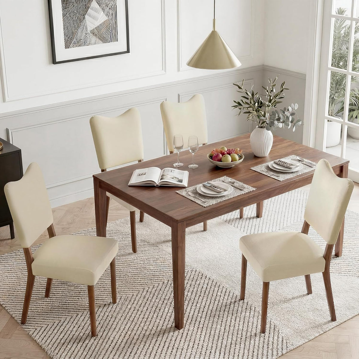 KISLOT Upholstered Dining Chairs Set of 4, Modern Velvet Kitchen Chairs with Solid Wood Legs, High Back Wooden Dining Room Chairs with Dark Walnut Color Legs for Farmhouse Kitchen Dining Room, Linen