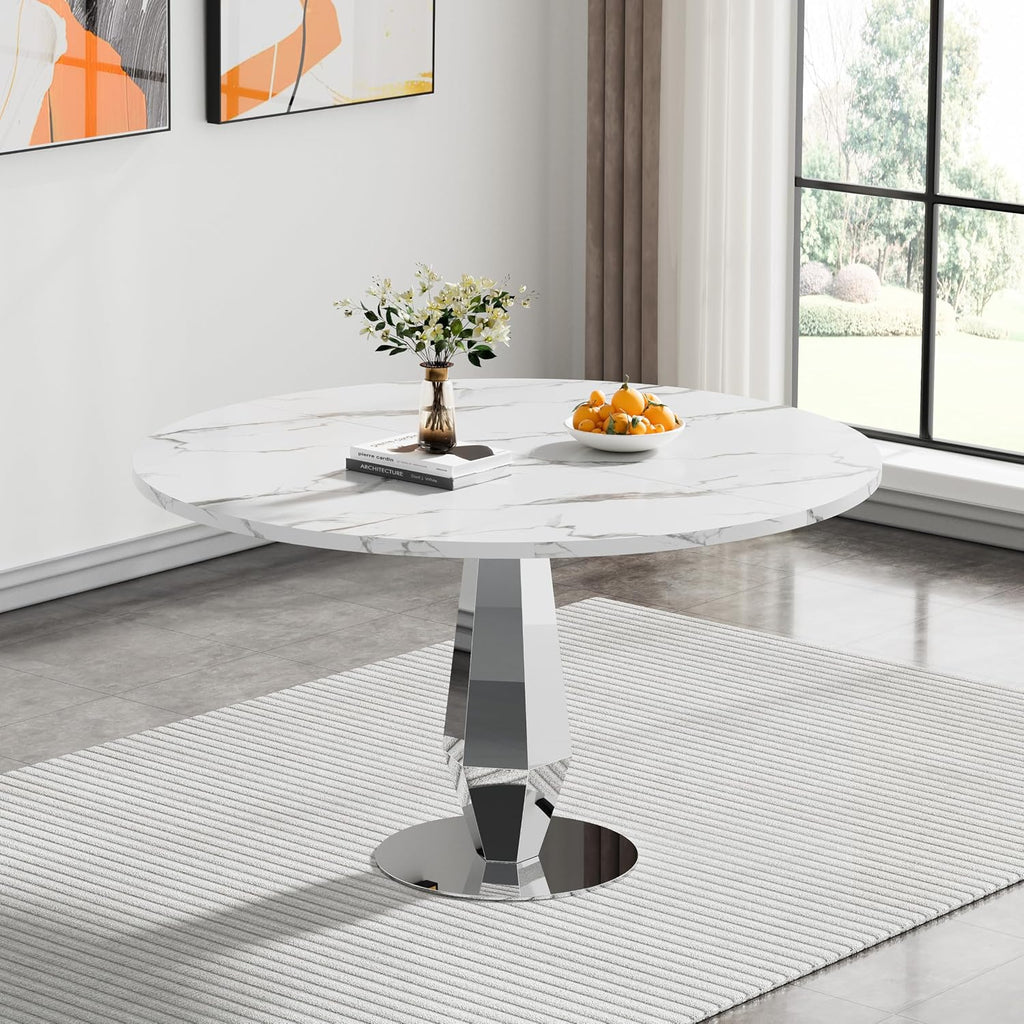Henf Modern Round Dining Table for 4-6 White Silver 47" Faux Marble Kitchen Table with Diamond-Shape Mirrored Stainless Steel Legs, Contemporary Modern Circle Dining Room Table (Table Only)