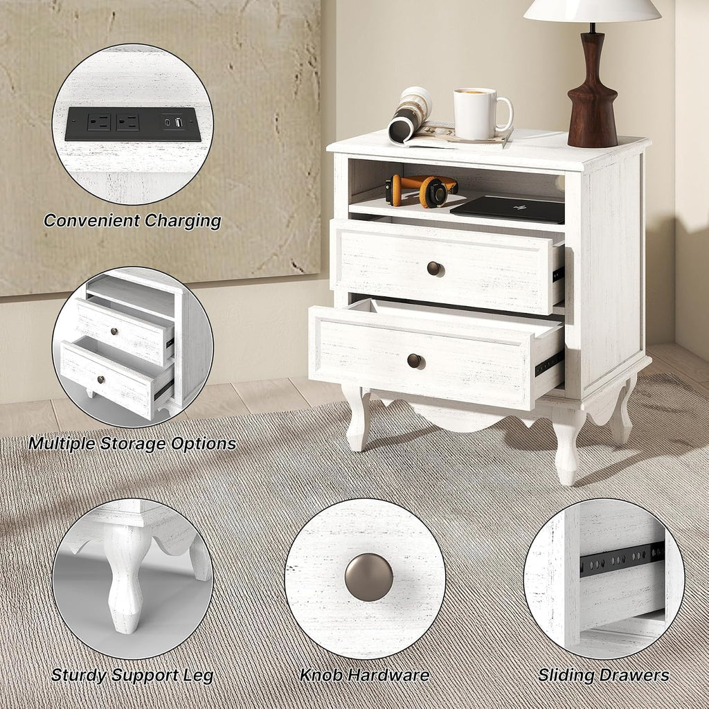 Solid Wood Nightstands Set of 2, Fully Assembled Night Stand with 2 Drawer & Open Shelf Storage, Bedside Table with Charging Station, Mid-Century Modern End Table for Bedroom, White
