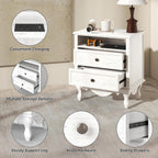 Solid Wood Nightstands Set of 2, Fully Assembled Night Stand with 2 Drawer & Open Shelf Storage, Bedside Table with Charging Station, Mid-Century Modern End Table for Bedroom, White