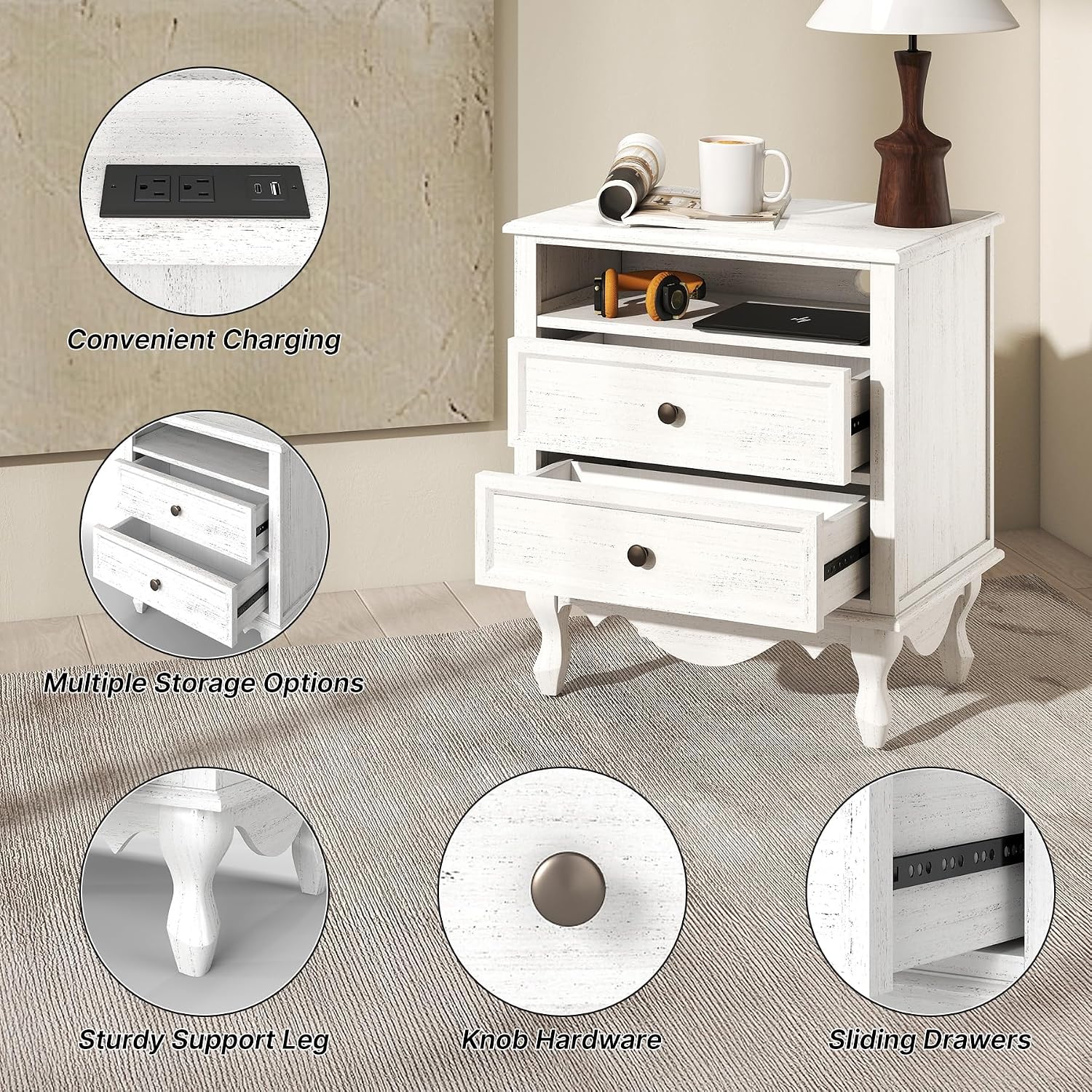 Solid Wood Nightstands Set of 2, Fully Assembled Night Stand with 2 Drawer & Open Shelf Storage, Bedside Table with Charging Station, Mid-Century Modern End Table for Bedroom, White