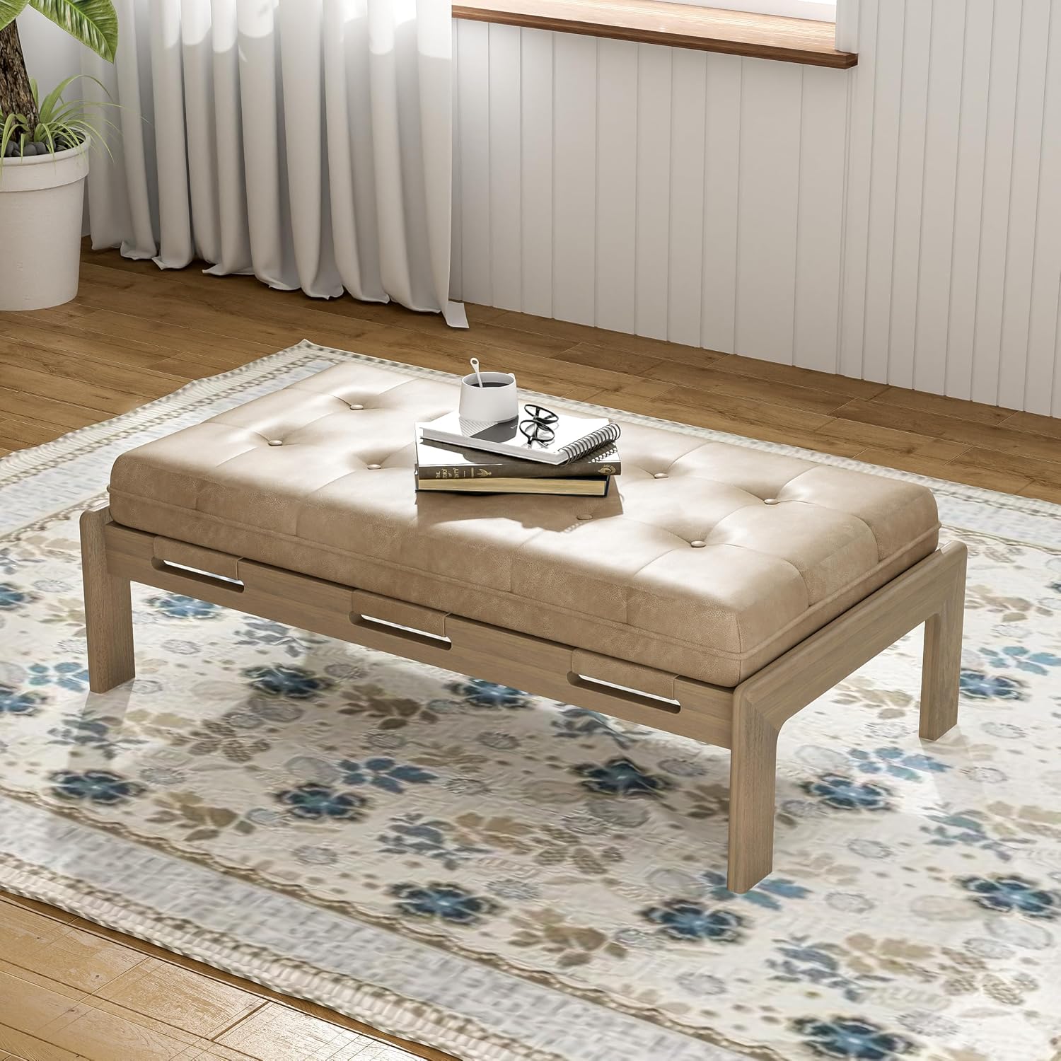 Merax 48.4" Rectangle Tufted Upholstered Cocktail Ottoman, Leather Ottoman Coffee Table, PU Leather Ottoman for Living Room, Bedroom, Office,Taupe Brown