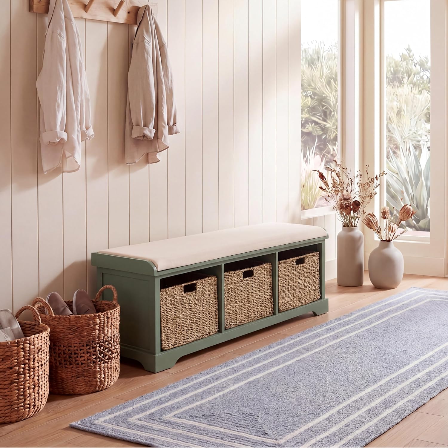 SAFAVIEH Furniture - Lonan Storage Bench - Dusty Green - Solid Wood - Farmhouse Lift-Top Design - Ideal for Entryway, Living Room, Hallway, 18" Seat Height (AMH5733J)