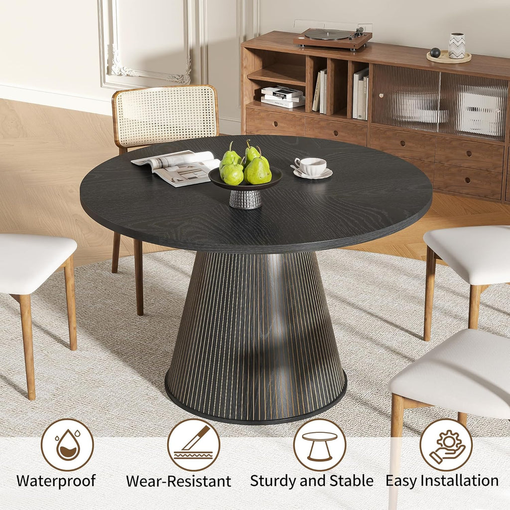 47 inch Round Dining Table for 4-6, Circle Kitchen Table with Sturdy Tapered Base, Mid Century Modern Fluted Dining Tables for Dining Room, Kitchen, Living Room (Black, 47inch)