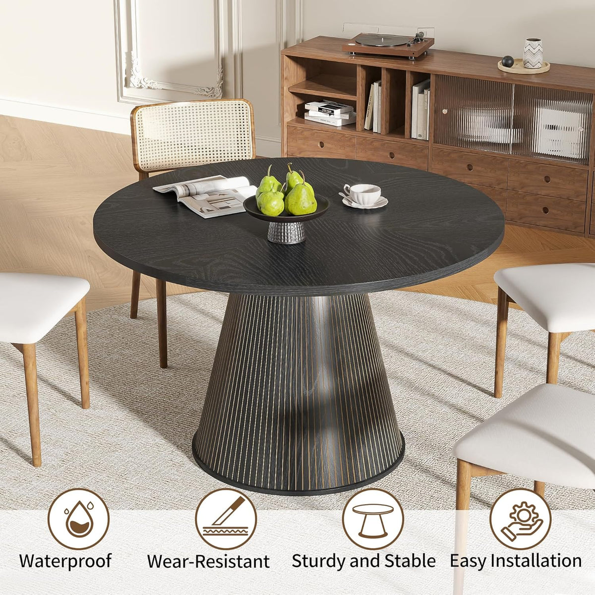 47 inch Round Dining Table for 4-6, Circle Kitchen Table with Sturdy Tapered Base, Mid Century Modern Fluted Dining Tables for Dining Room, Kitchen, Living Room (Black, 47inch)