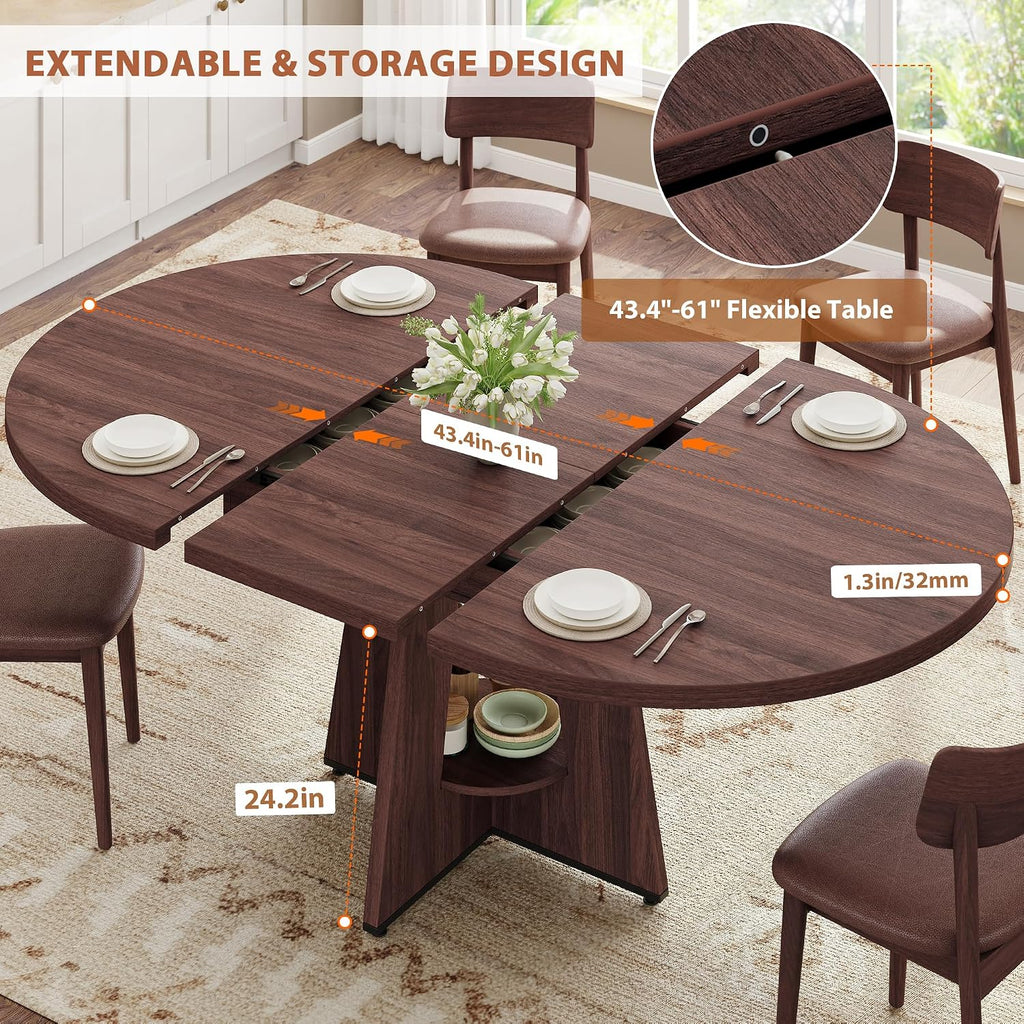 Extendable Dining Table, Round Kitchen Dining Room Dinner Table with for 4 6 8 People, Space Saving Modern Oval Expandale Furniture with Storage and Pedestal for Kitchen Living Room (Brown)