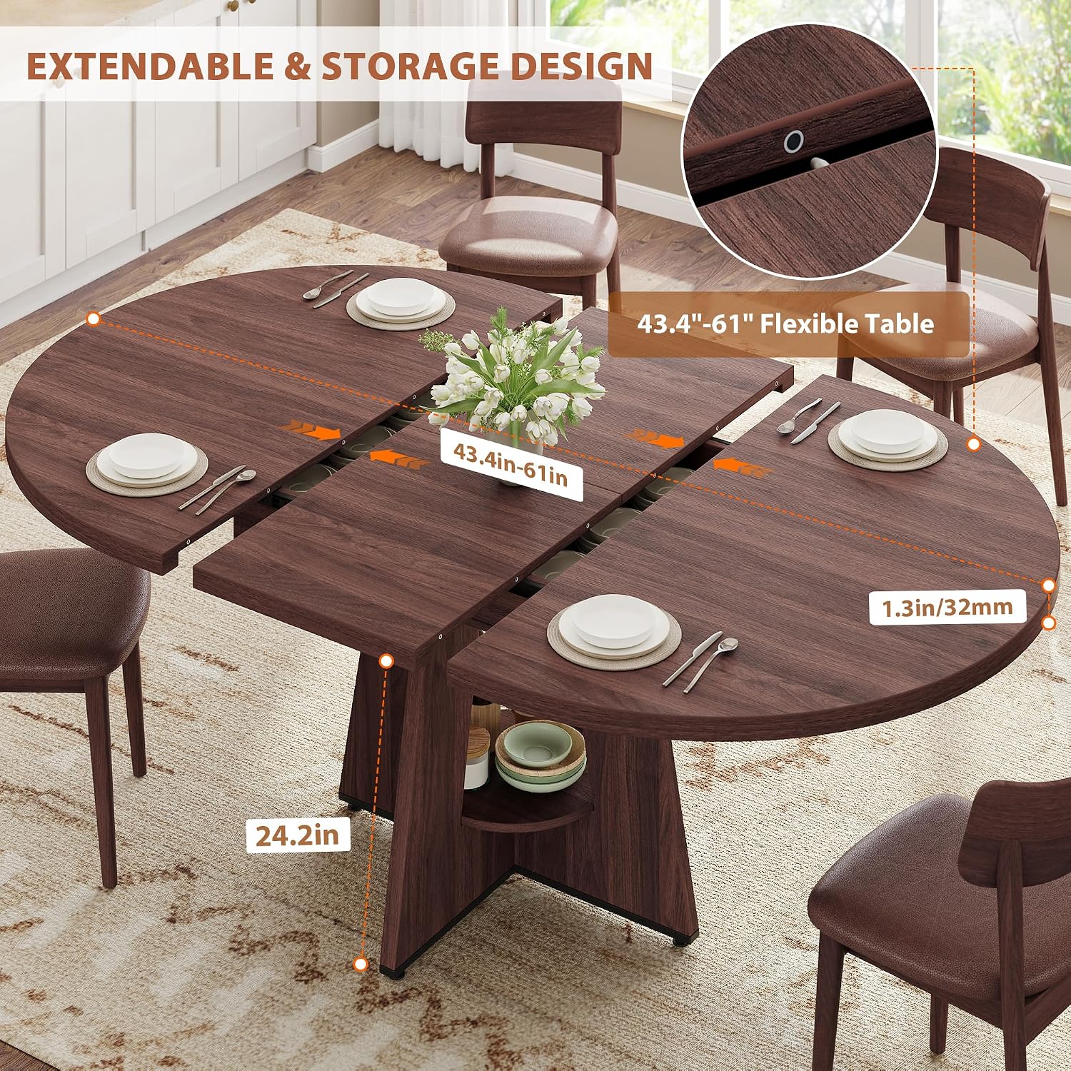 Extendable Dining Table, Round Kitchen Dining Room Dinner Table with for 4 6 8 People, Space Saving Modern Oval Expandale Furniture with Storage and Pedestal for Kitchen Living Room (Brown)