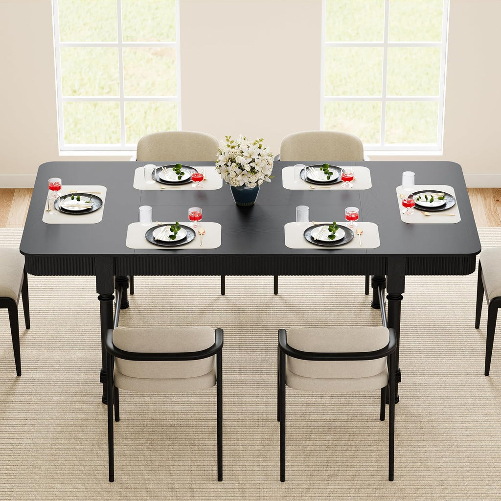 78 Inch Fluted Kitchen Dining Table for 6 8 10, Large Rectangular Kitchen Table with Drawers, Mid Century Modern Long Dinner Table Dining Room Tables with Solid Wood Legs for Home Living Room, Black