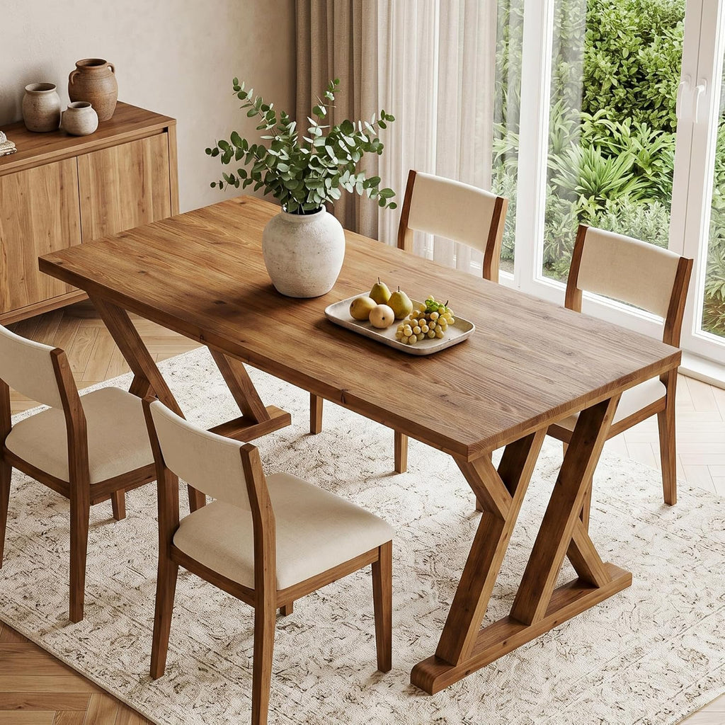63" Farmhouse Solid Wood Dining Table for 4-6, Wooden Rectangular Rustic Kitchen Dinner Table with Heavy-Duty Legs for Living Room, Dining Room, Brown