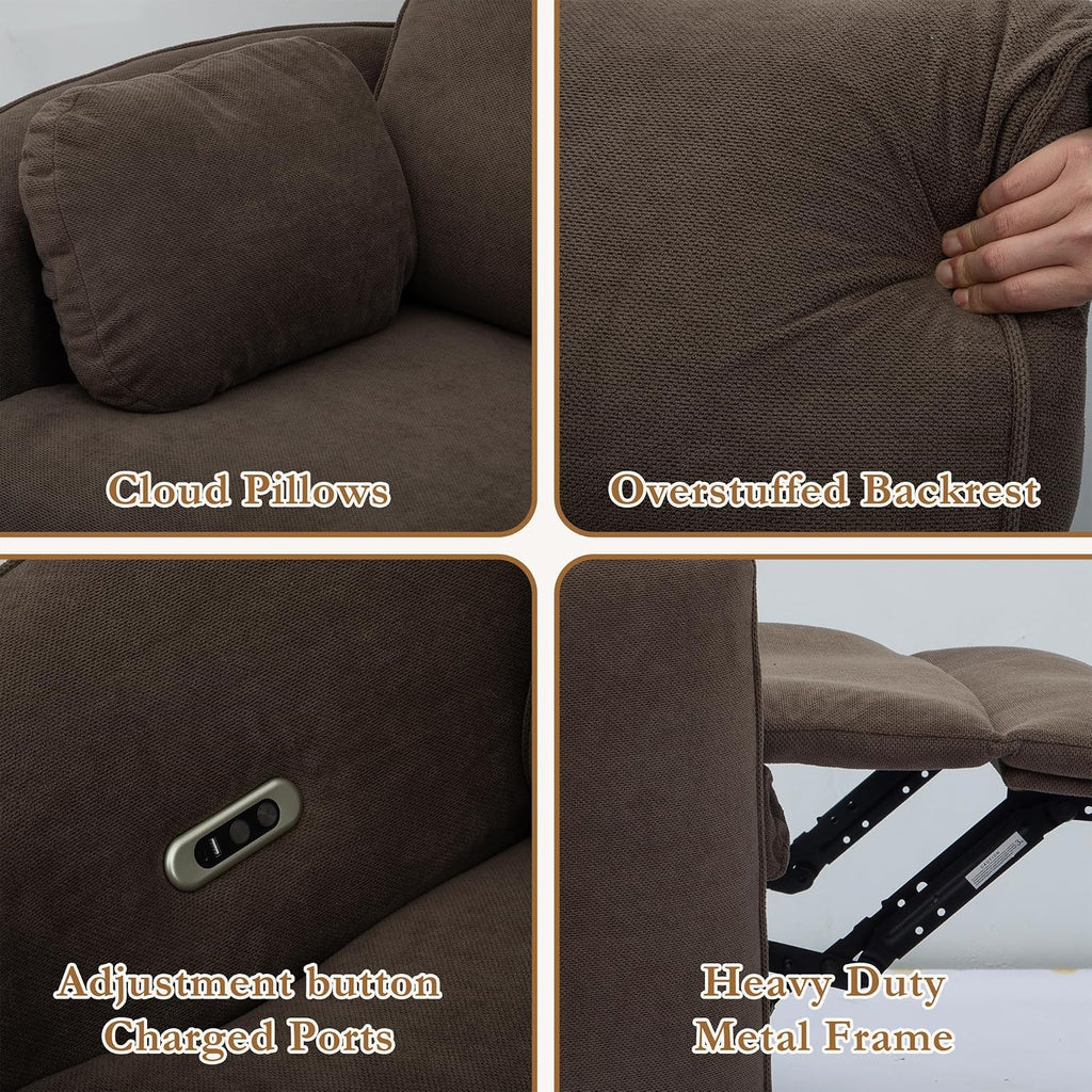 450lbs Oversized Power Recliner Chair for Big and Tall Adults, 52" Extra Wide Electric Recliner with USB & Type-C Ports, Chenille Fabric Single Sofa Chair for Living Room & Bedroom (Brown)
