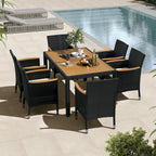 Yaheetech 7 Piece Patio Furniture Set, Outdoor Dining Acacia Wood Table Top Rattan Conversation Set with Soft Cushions, 6 Chairs & 1 Table for Backyard, Deck, Garden & Yard, Black/Beige