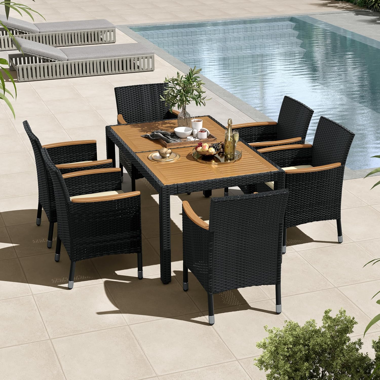 Yaheetech 7 Piece Patio Furniture Set, Outdoor Dining Acacia Wood Table Top Rattan Conversation Set with Soft Cushions, 6 Chairs & 1 Table for Backyard, Deck, Garden & Yard, Black/Beige