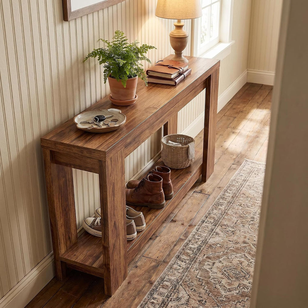 70.9" Rustic Farmhouse Console Sofa Table - Heavy Duty MDF Entryway Table with 2-Tier Storage, Narrow Long Table for Behind Couch, Brown